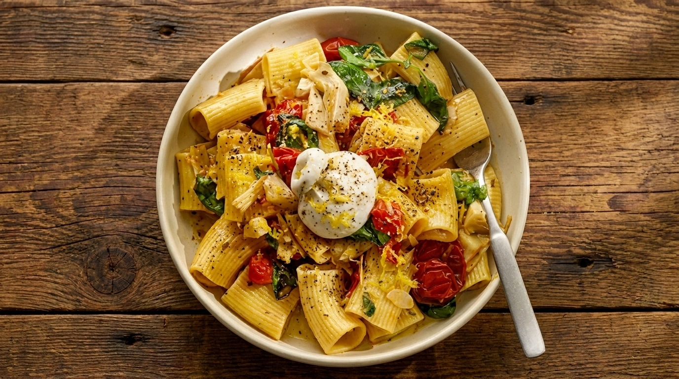 Pasta paccheri med tomat, kronärtskocka och burrata | Vårig middag